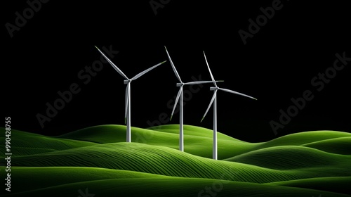 Wind Power Silhouette: A dramatic silhouette of three wind turbines against a black sky and green hills, representing clean energy and a sustainable future. photo