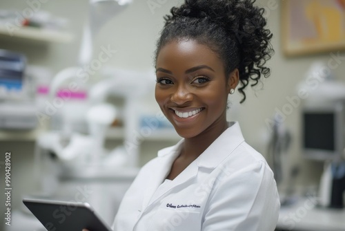 Black female dentist working on digital tablet at dental clinic, Generative AI