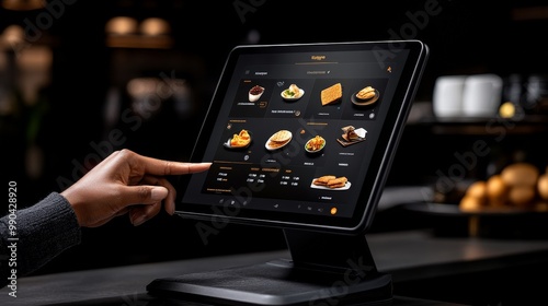 Digital Menu Ordering: A hand taps the screen of a sleek tablet, revealing a digital menu for a restaurant or cafe. The image captures the ease and convenience of modern technology in the dining 