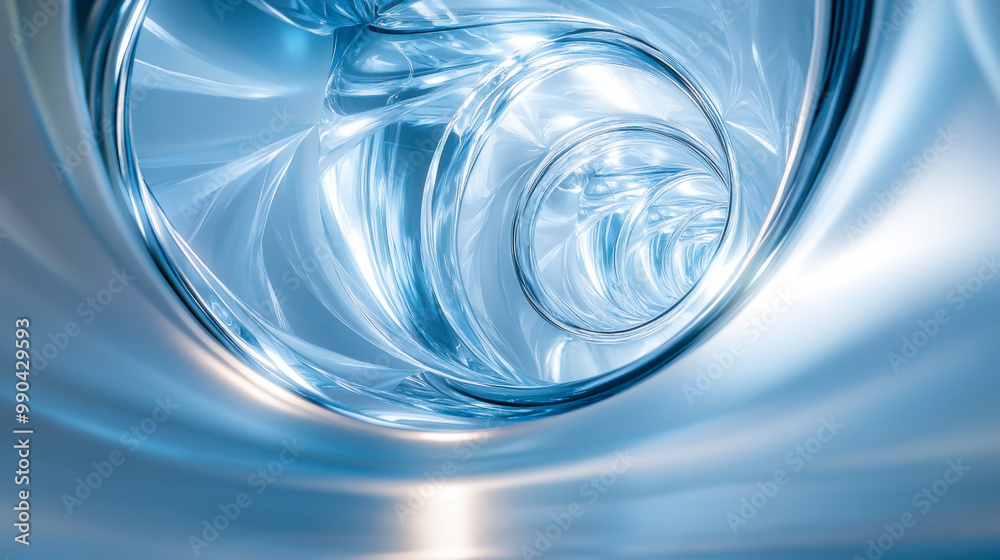 A close-up view of a spiral glass structure reflecting light in a bright blue atmosphere creates an ethereal visual experience A close-up view of a spiral glass structure reflecting light in a bright blue atmosphere creates an ethereal visual experience