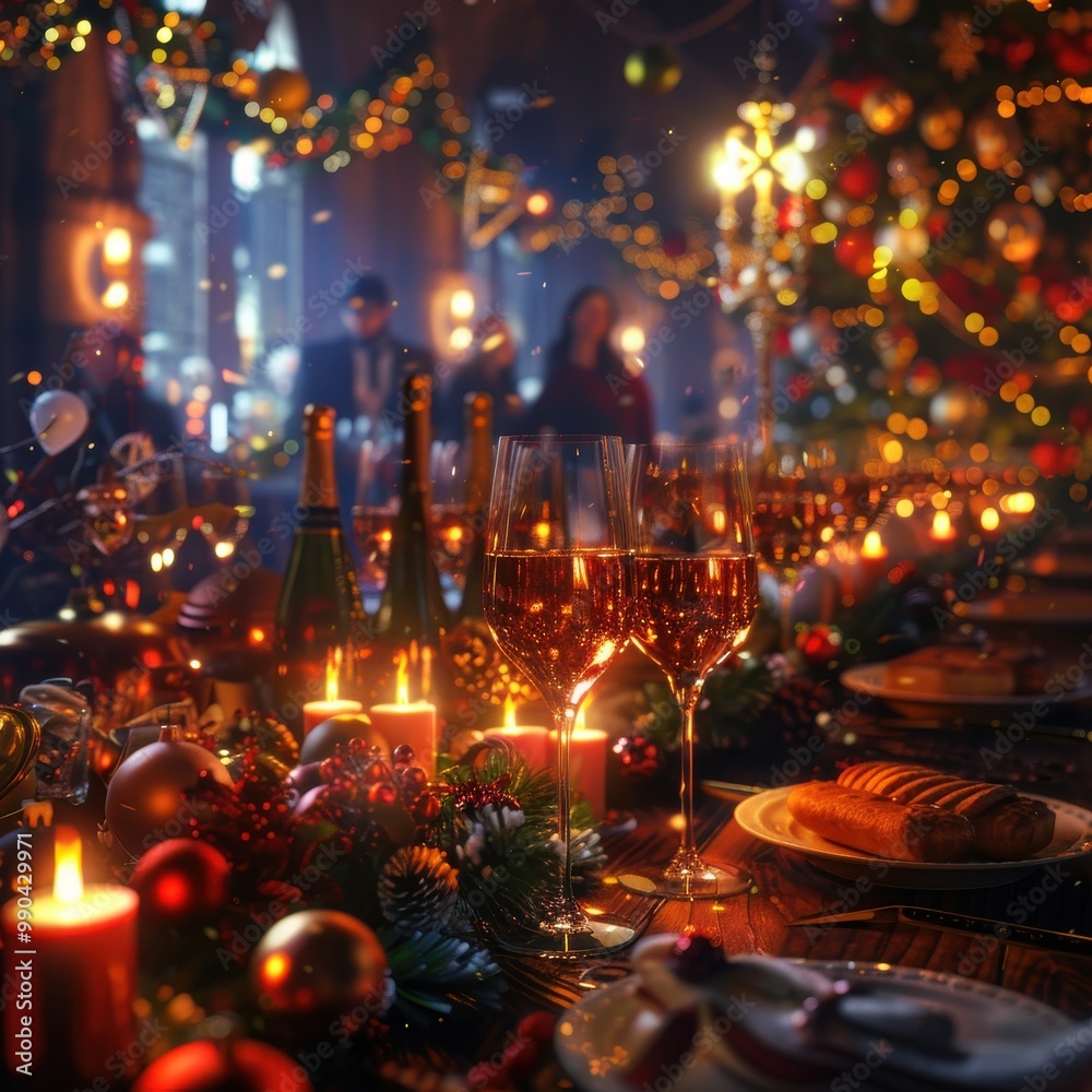 Festive Christmas dinner table setting with candles, wine glasses, and holiday decorations in a cozy, warmly lit room. Festive Christmas dinner table setting with candles, wine glasses, and holiday decorations in a cozy, warmly lit room.
