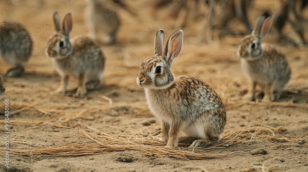 A Single Brown Rabbit Sitting in a Field of Dried Grass with Other Rabbits in the Background A Single Brown Rabbit Sitting in a Field of Dried Grass with Other Rabbits in the Background