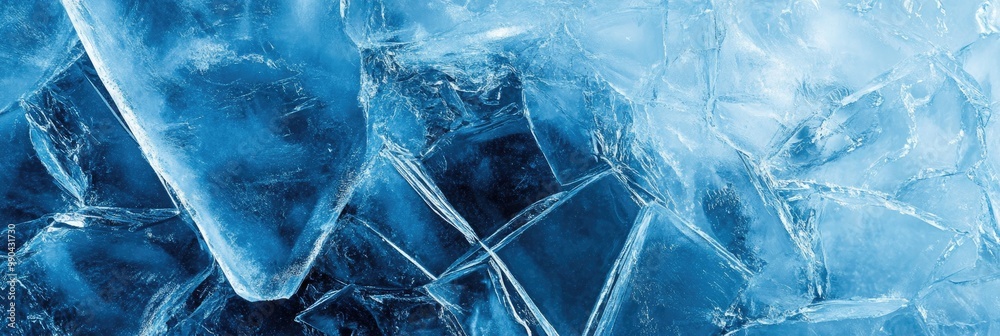Cracked ice texture with jagged, translucent shards reflecting cool, blue tones Cracked ice texture with jagged, translucent shards reflecting cool, blue tones