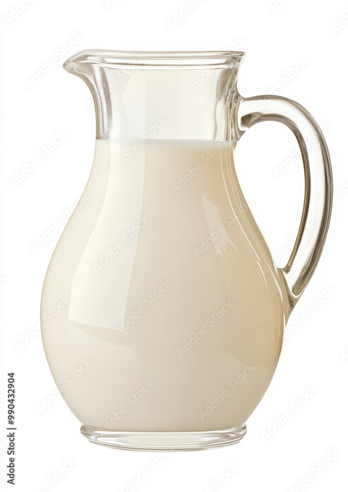 Milk in a glass jug, isolated on a white background. A glass milk jug filled with white-colored milk