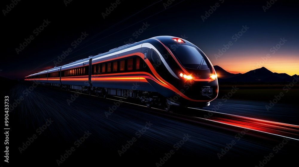 High-Speed Train at Sunset: A sleek, modern high-speed train rushes towards the horizon, bathed in the warm glow of a vibrant sunset, as the cityscape fades into the distance. High-Speed Train at Sunset: A sleek, modern high-speed train rushes towards the horizon, bathed in the warm glow of a vibrant sunset, as the cityscape fades into the distance.