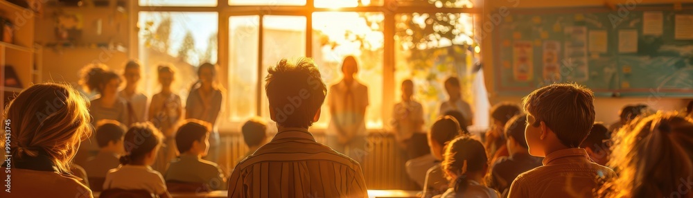 Naklejka premium A sunlit classroom with students attentively standing and sitting, engaging with a teacher in the morning light.