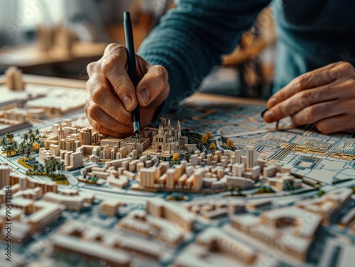 Architect designing a detailed city model with hand-drawn elements, showcasing urban planning and creativity in architectural design.