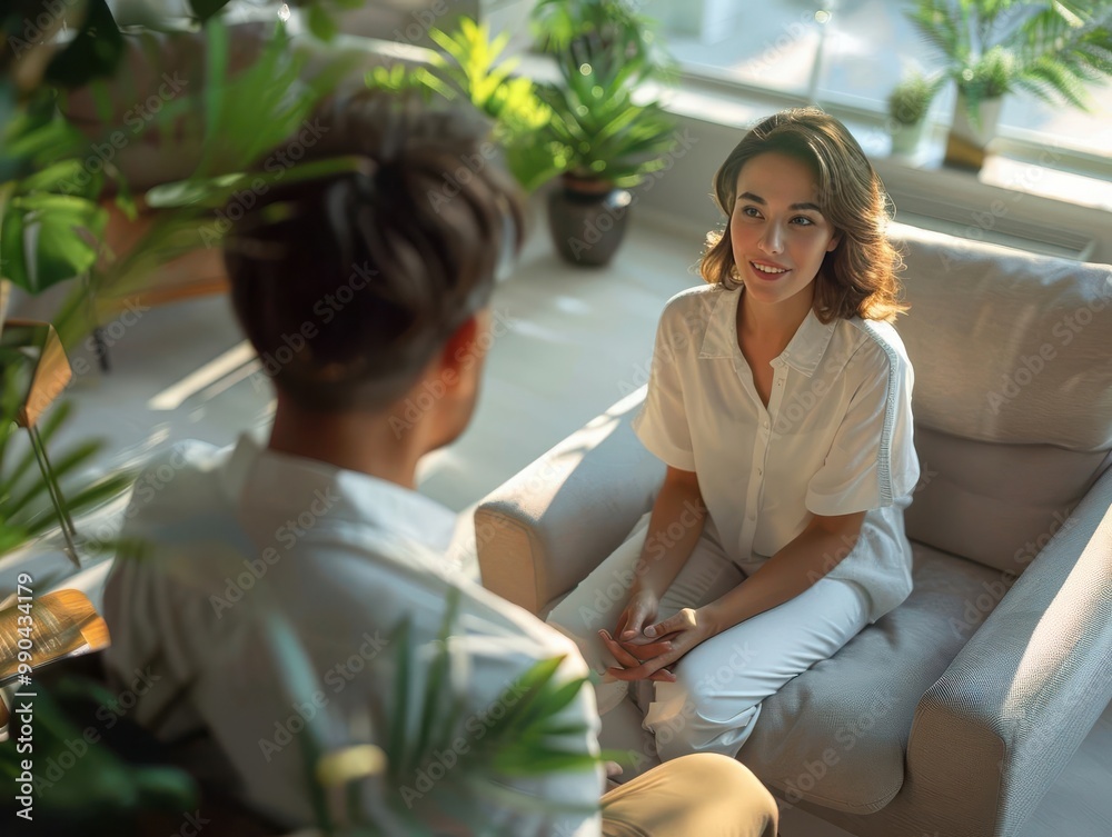 Cozy indoor conversation between two people in a well-lit living room with plants, featuring a woman smiling and engaged in discussion. Cozy indoor conversation between two people in a well-lit living room with plants, featuring a woman smiling and engaged in discussion.