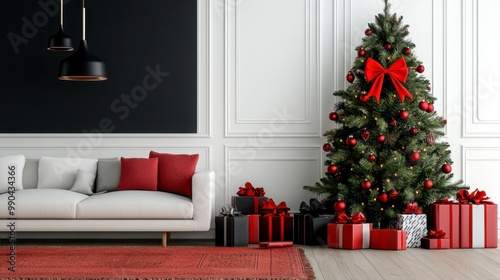 Cozy living room decorated for Christmas with a beautiful tree, red gifts, and elegant furnishings creating a festive atmosphere.