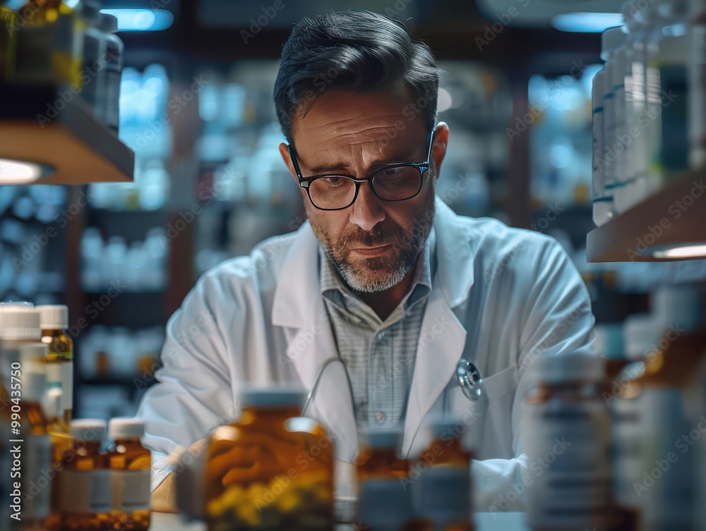 A dedicated pharmacist examines medicine bottles in a well-lit pharmacy. Expressions of focus and responsibility. Health and medical professional at work. A dedicated pharmacist examines medicine bottles in a well-lit pharmacy. Expressions of focus and responsibility. Health and medical professional at work.