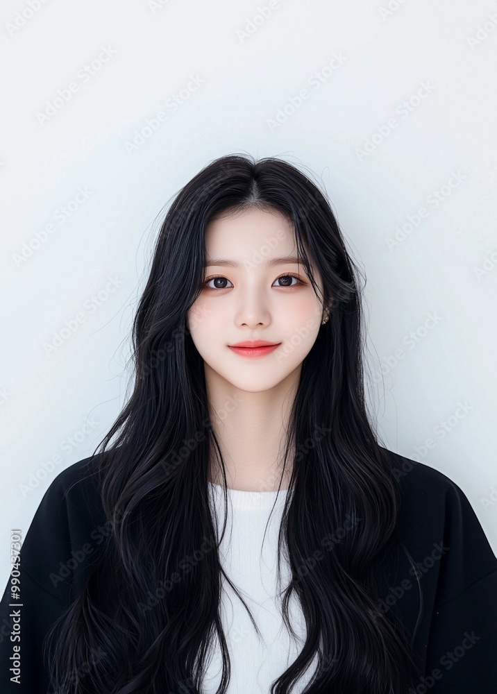 Radiant Young Woman with Long Black Hair and White Blouse Radiant Young Woman with Long Black Hair and White Blouse