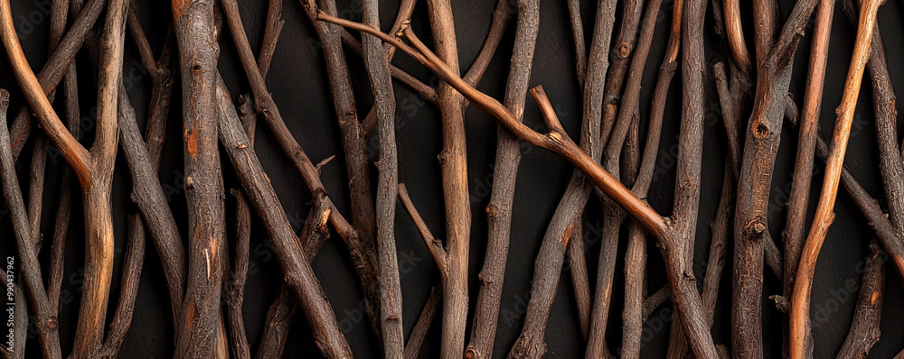 A collection of intertwined branches showcasing natural textures and colors against a dark background. A collection of intertwined branches showcasing natural textures and colors against a dark background.