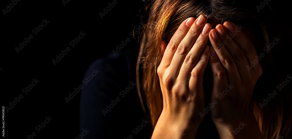 A person experiencing sadness, hands covering face in despair, isolated in darkness on a black background.