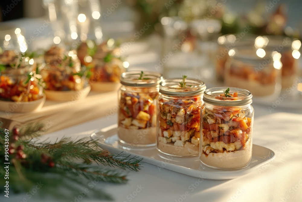 Fall Season Gastronomic Buffet Table with Warm Premium Food and Small Mason Jars Fall Season Gastronomic Buffet Table with Warm Premium Food and Small Mason Jars