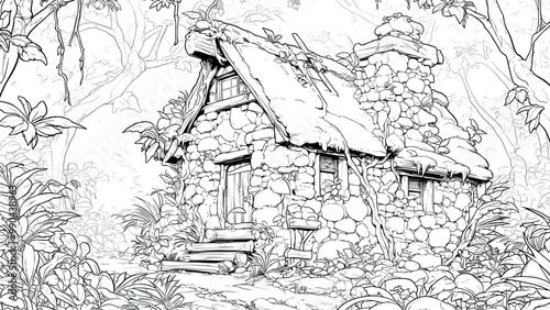 Small Stone House in Dense Forest Winter Landscape Coloring Book Page for Kids Detailed Illustration Snowy Forest Scene Cozy Cabin Drawing for Children Serene Winter Art Page