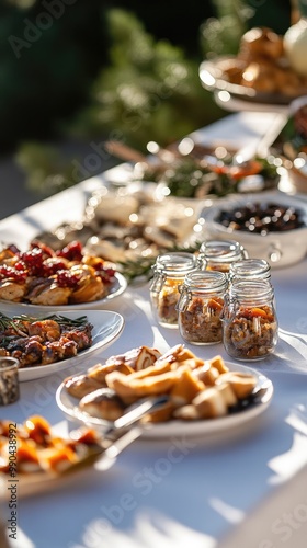 Fall Season Gastronomic Buffet Table with Warm Premium Food and Small Mason Jars