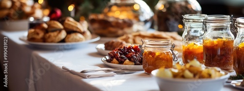 Fall Season Gastronomic Buffet Table with Warm Premium Food and Small Mason Jars