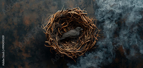 A solitary bird resting in a rustic nest, surrounded by a softly blurred background, capturing a moment of tranquility.