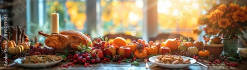 Festive autumn dinner table with roasted turkey, fresh fruits, and flowers, beautifully illuminated by natural light. photo