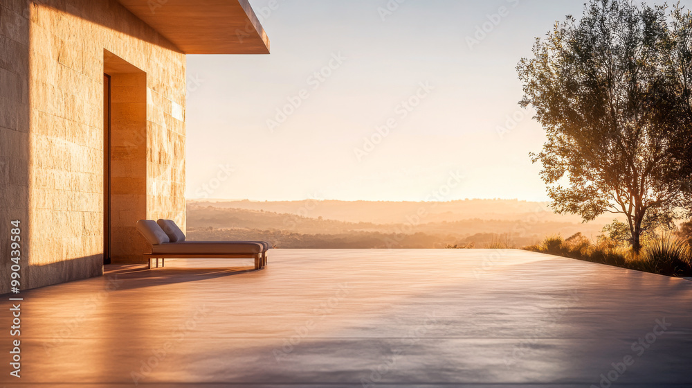 Contemporary outdoor terrace with lounge chairs overlooking serene sunset landscape in a tranquil setting Contemporary outdoor terrace with lounge chairs overlooking serene sunset landscape in a tranquil setting