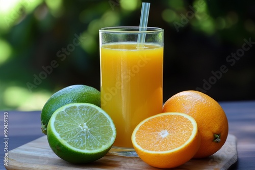 Citrus Juice and Fresh Fruit on a Cutting Board photo