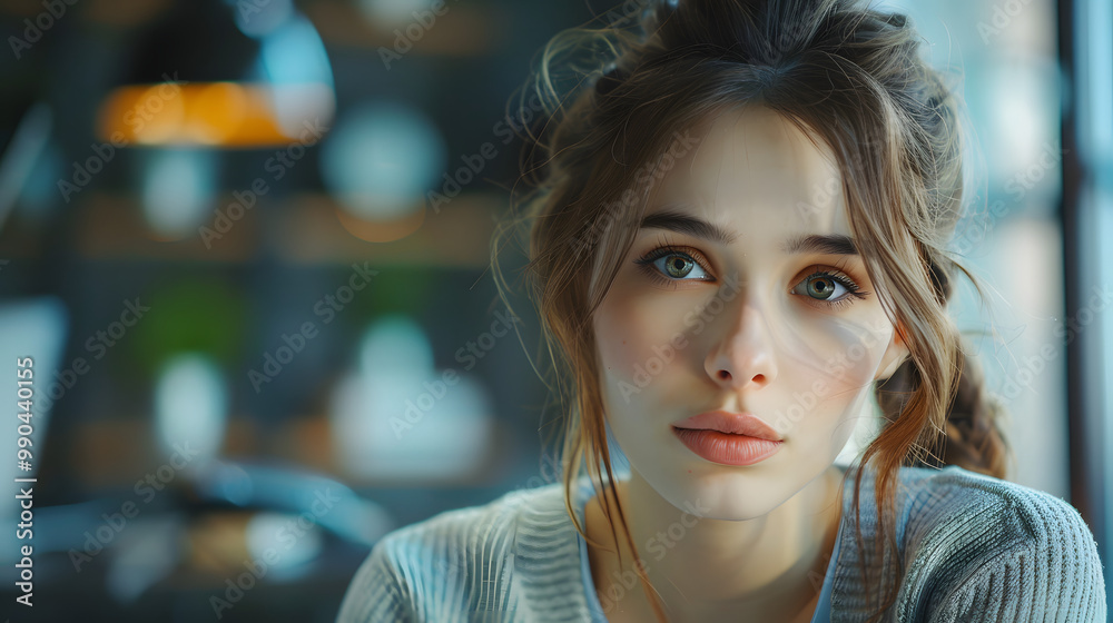 Young sad woman in office, having problem