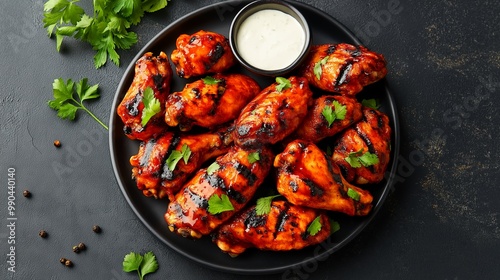 A plate of chicken wings with a side of dipping sauce. The plate is black and the wings are glazed and brown. The dipping sauce is white and is in a small bowl. Generative ai illustration.