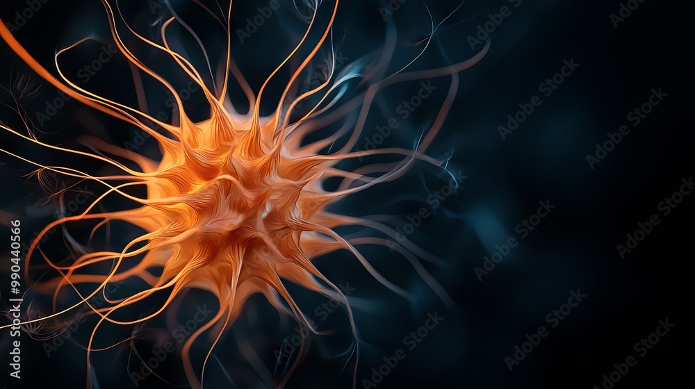 Obraz premium Close-up of an orange microbe with intricate tentacles against a dark background.
