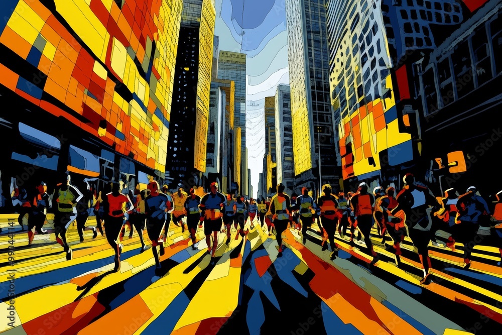 Obraz premium New York City Marathon. World Marathon Majors. People run a marathon in sportswear. Promotion of sports and a healthy lifestyle. Long distance running.