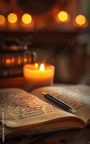 Cozy scene with open journal, pen, and lit candle on wooden table. Warm, ambient lighting creates a peaceful atmosphere for writing.