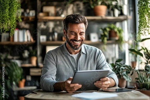 Happy entrepreneur working on digital tablet in office, Generative AI