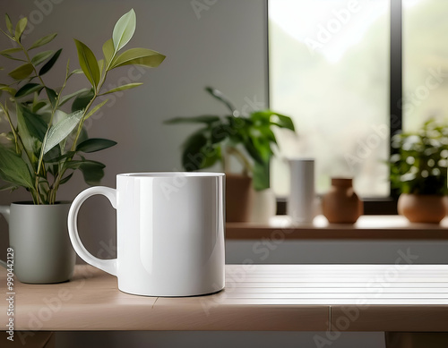 cup of coffee on table, White ceramic cup set-up in at home interior, mug mock up blank.