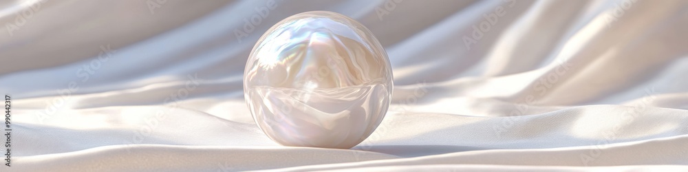 Large spherical pearl on a white background. A mother-of-pearl ball lies on the table. Banner with space for text. Large spherical pearl on a white background. A mother-of-pearl ball lies on the table. Banner with space for text.