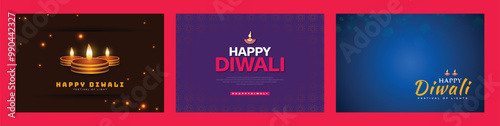 Happy Diwali three colour background design with flat oil lamp and light decoration wishing or greeting banner or poster design vector file