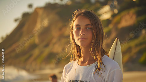 young woman standing with surfboard at Malibu beach. california lifestyle photo