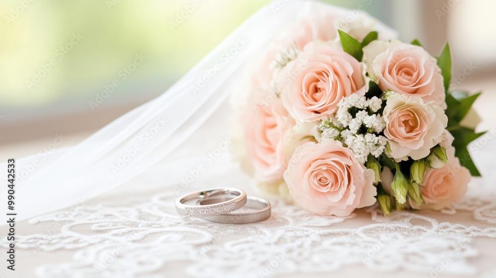 Obraz premium A beautiful wedding bouquet featuring pink roses, delicate white flowers, and elegant silver wedding rings on a lace tablecloth, capturing the essence of romance and celebration.