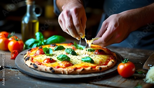 Nighttime Close-Up of Chef Adding Cheese to Freshly Baked Tomato Basil Pizza in Rustic Kitchen