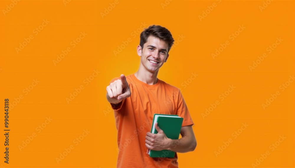 Confident Young Student Man Holding Books and Pointing Forward, Inviting Interaction Against Green Background Confident Young Student Man Holding Books and Pointing Forward, Inviting Interaction Against Green Background