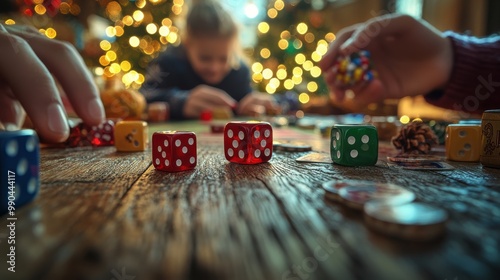 Family playing board game with colorful dice on rustic wooden table, festive Christmas lights in background creating cozy holiday atmosphere.