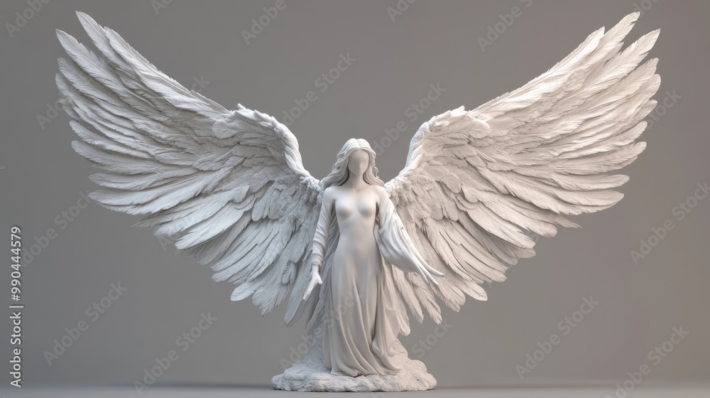 Fototapeta premium White angel statue with large wings on a grey background.