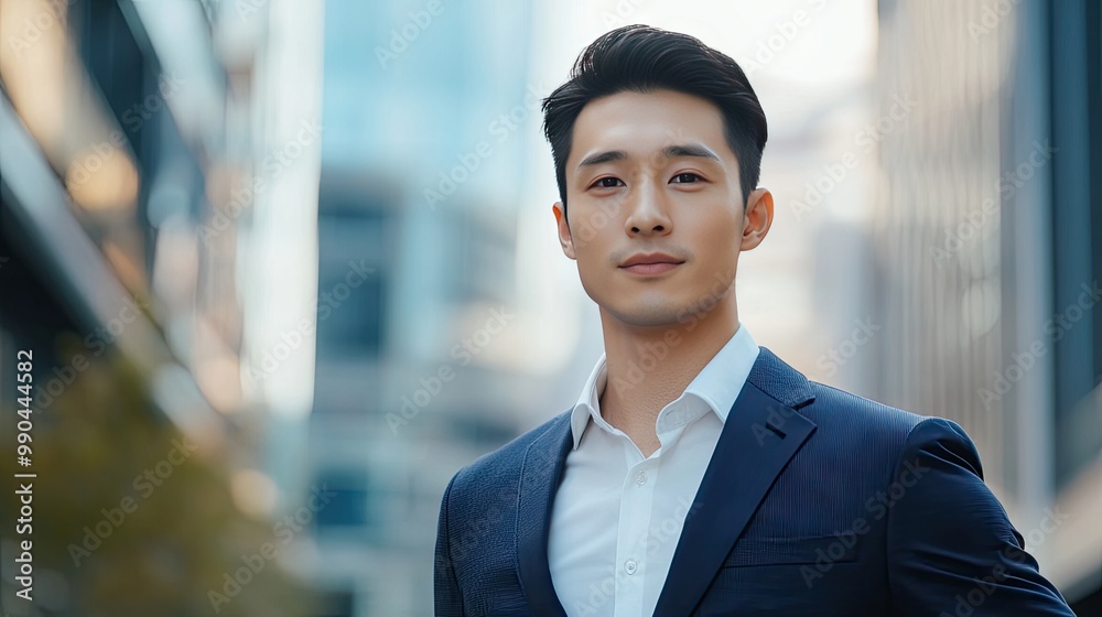 Handsome Asian man in a business suit posing outdoors, with a blurred business district behind him. His confident stance and stylish appearance make him stand out. Handsome Asian man in a business suit posing outdoors, with a blurred business district behind him. His confident stance and stylish appearance make him stand out.