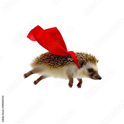 Super Hedgehog in Flight: A cute and adorable hedgehog soars through the air, clad in a bright red cape. photo