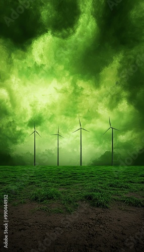 Wind turbines against a vibrant green sky, showcasing renewable energy and a sustainable future.