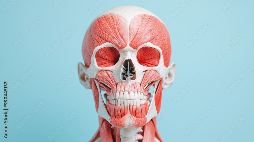 Human Skull and Facial Muscles Model on Blue Background Human Skull and Facial Muscles Model on Blue Background