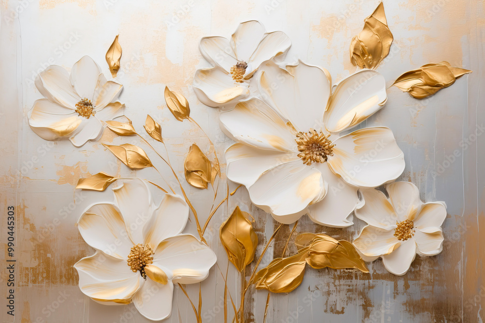 White flowers on a beige and gold background, oil painting on canvas with a palette knife.. White flowers on a beige and gold background, oil painting on canvas with a palette knife..