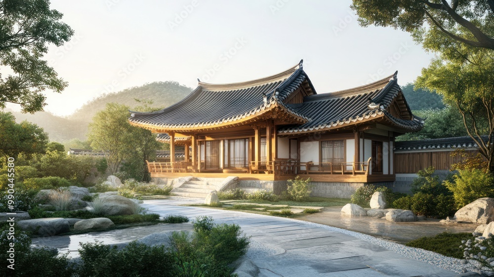 Traditional Japanese house with a stone path and pond in a serene garden setting. Traditional Japanese house with a stone path and pond in a serene garden setting.