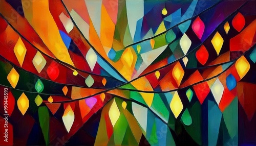 Wallpaper Mural Painting of Christmas lights, abstractly portrayed with geometric shapes and contrasting colors, creating a vibrant and dynamic festive atmosphere Torontodigital.ca