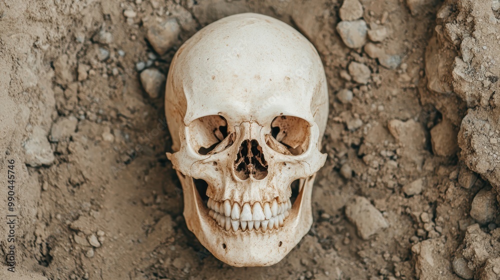 Human Skull Lying in Soil on Archaeological Site Human Skull Lying in Soil on Archaeological Site