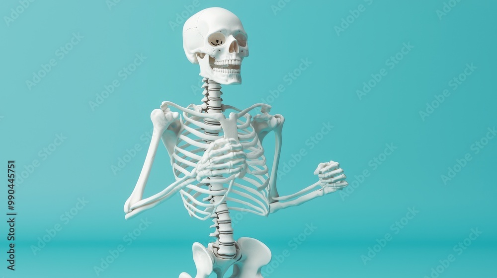Human Skeleton Model in Dynamic Pose on Blue Background Human Skeleton Model in Dynamic Pose on Blue Background