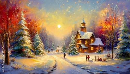 Impressionist painting style Christmas landscape, featuring soft brushstrokes that depict a snowy scene with gentle hues, capturing the tranquil beauty of winter.